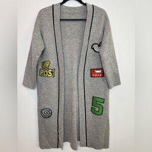 Peacebird Gray Long wool blend Cardigan with Patches embellished pockets